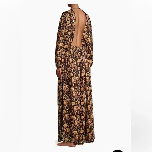 Matteau Puff Sleeve Open Back Orange Floral Maxi Dress - Picture 6 of 13